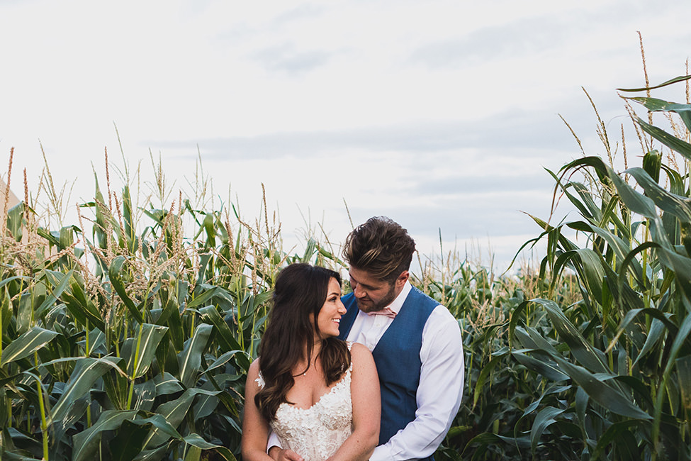 bride and groom in cornfield