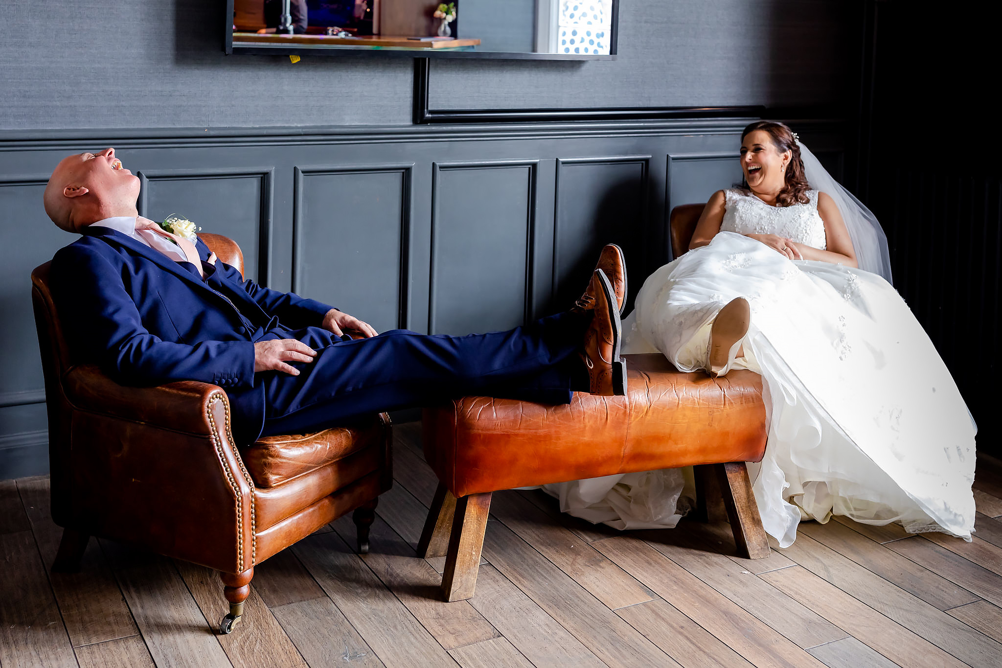 Bryngarw House Wedding Photography - Bride and Groom in the bar