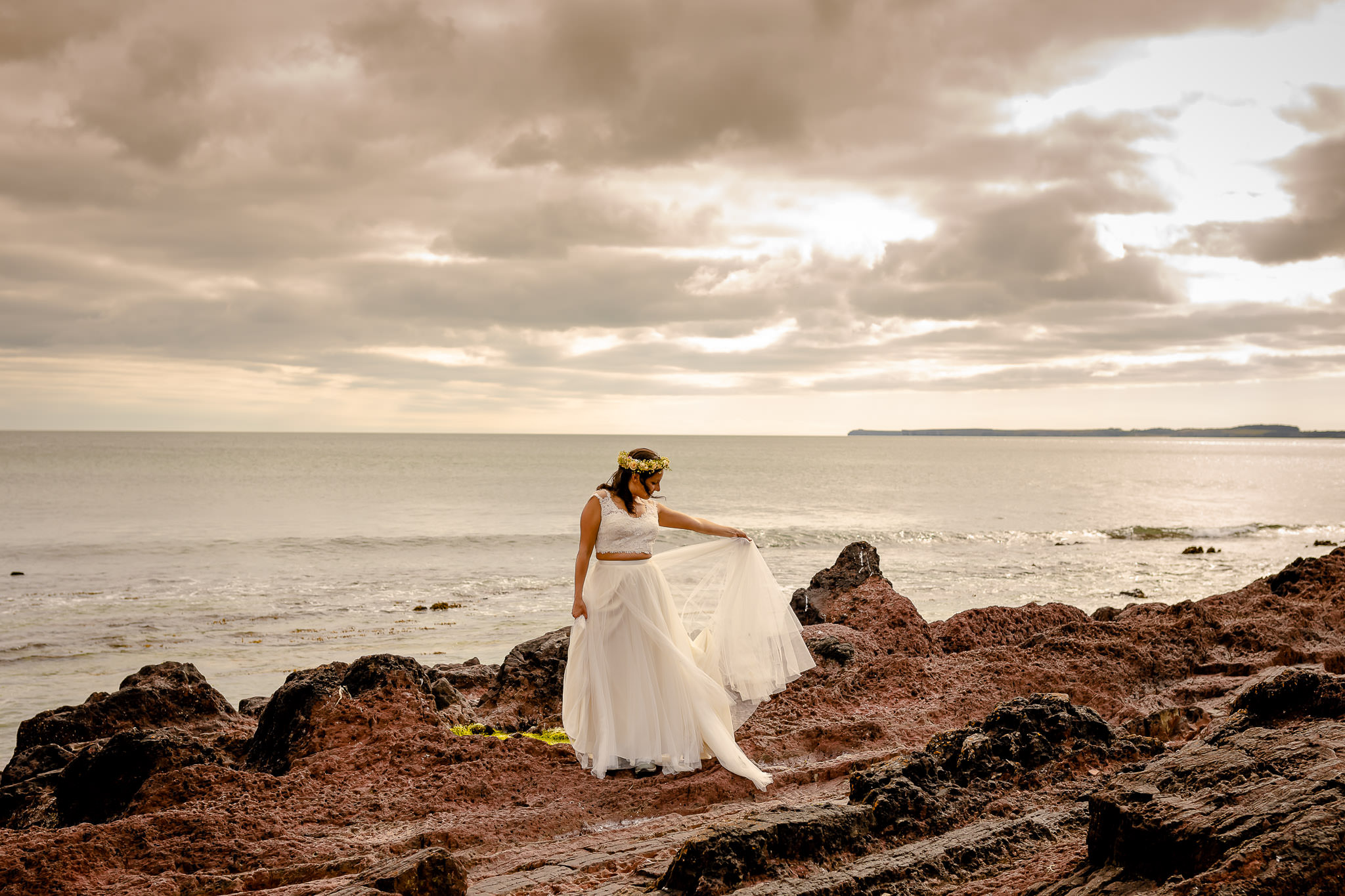 Manorbier Castle Wedding - Bride on manorbier beach