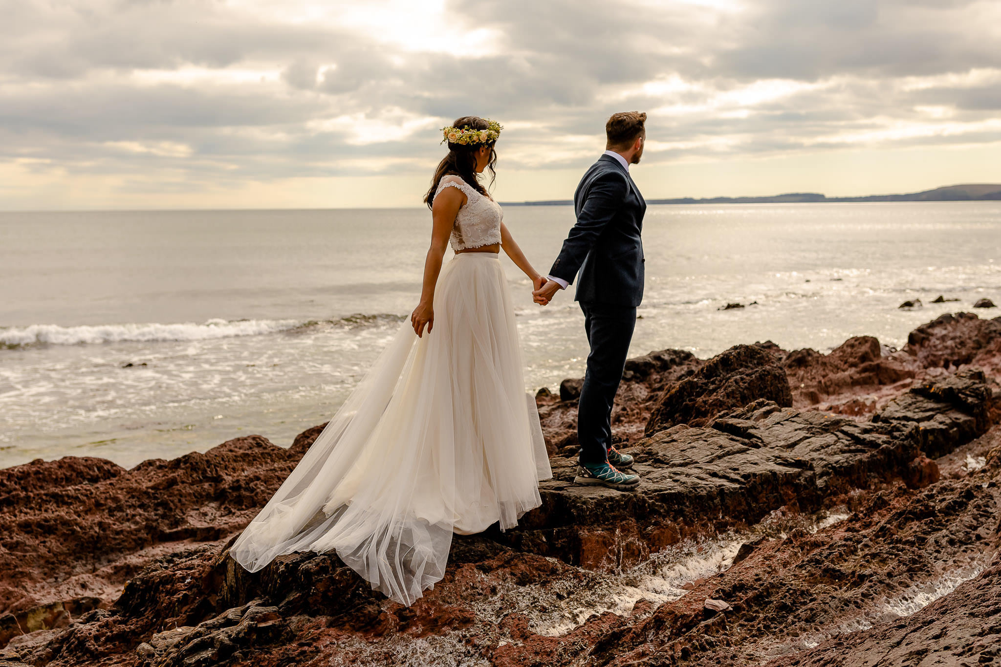 Manorbier Castle Wedding - Bride and groom on manorbier beach