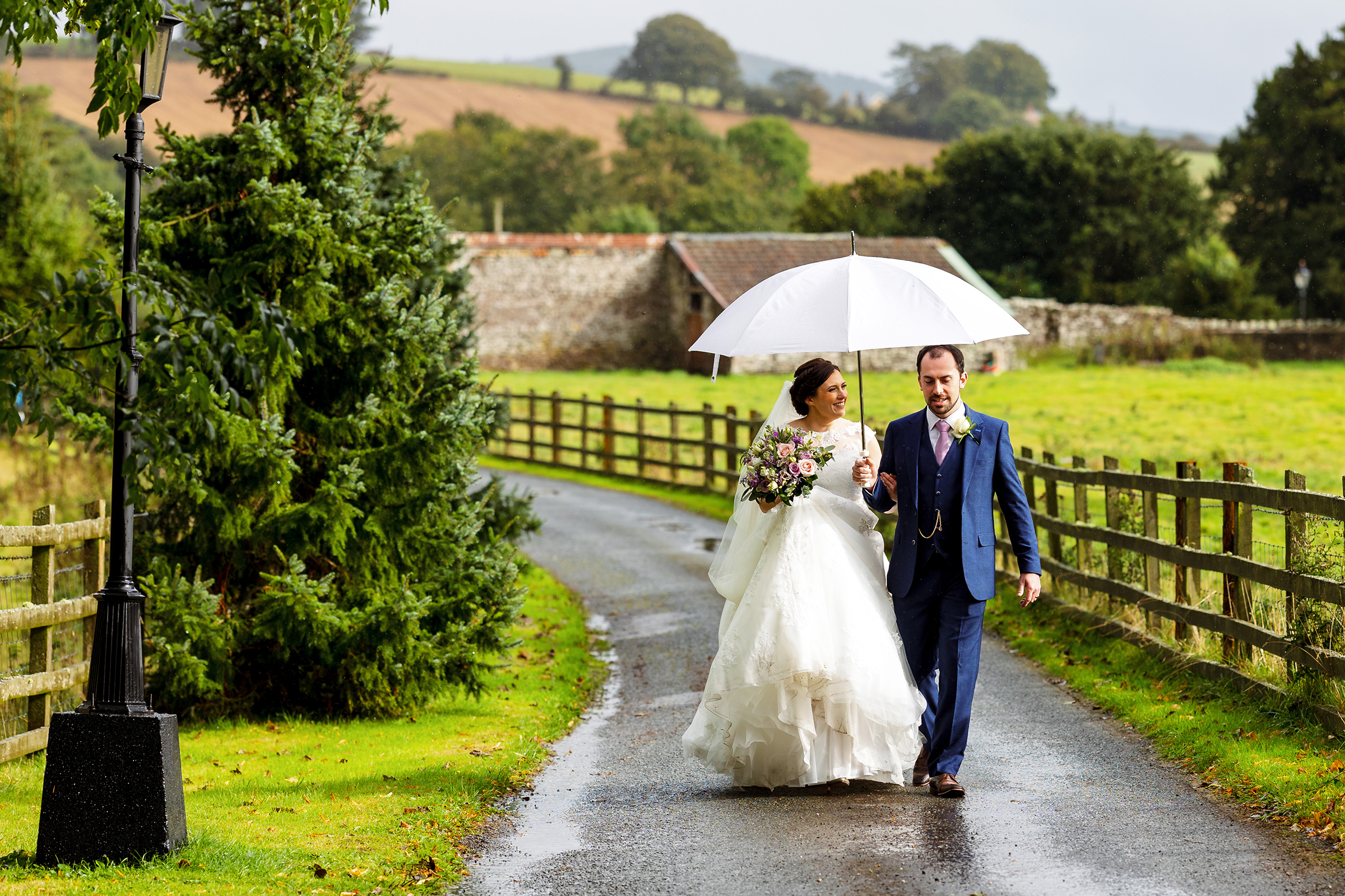 Peterstone Court Wedding - Bride and groom in rain