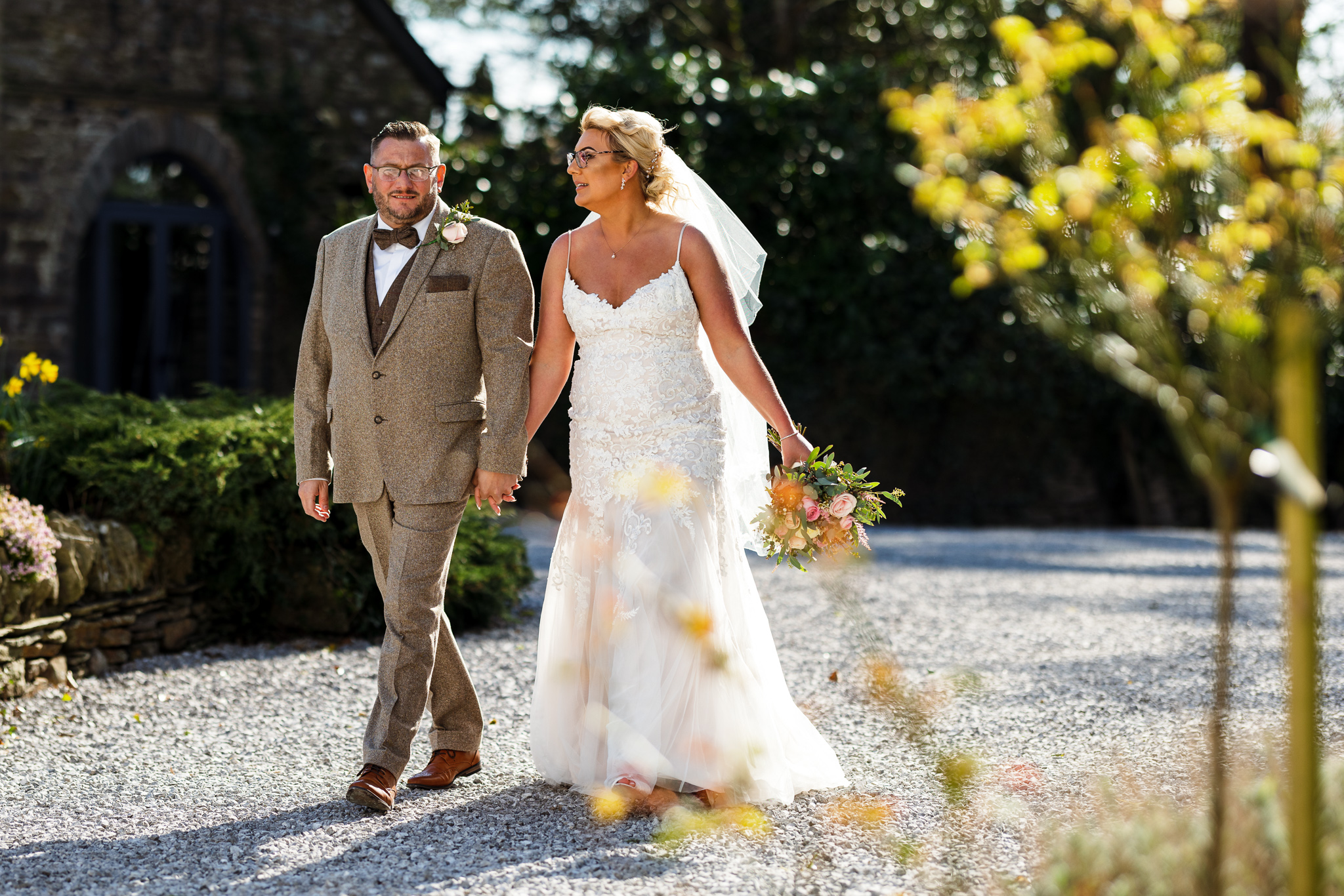 Llechwen Hall Hotel wedding. Bride and Groom natural portrait