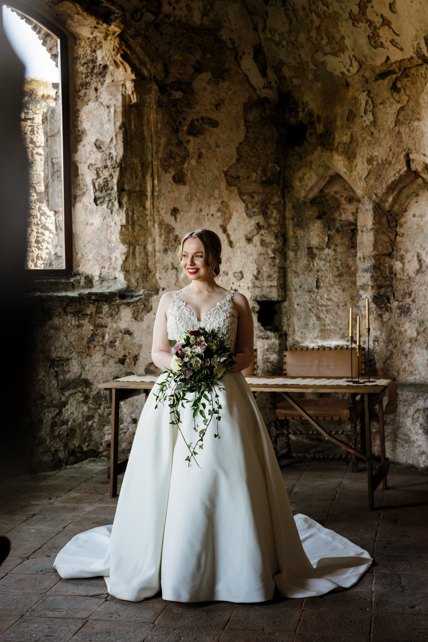 Manorbier Castle Wedding - Bride in the vaulted chapel