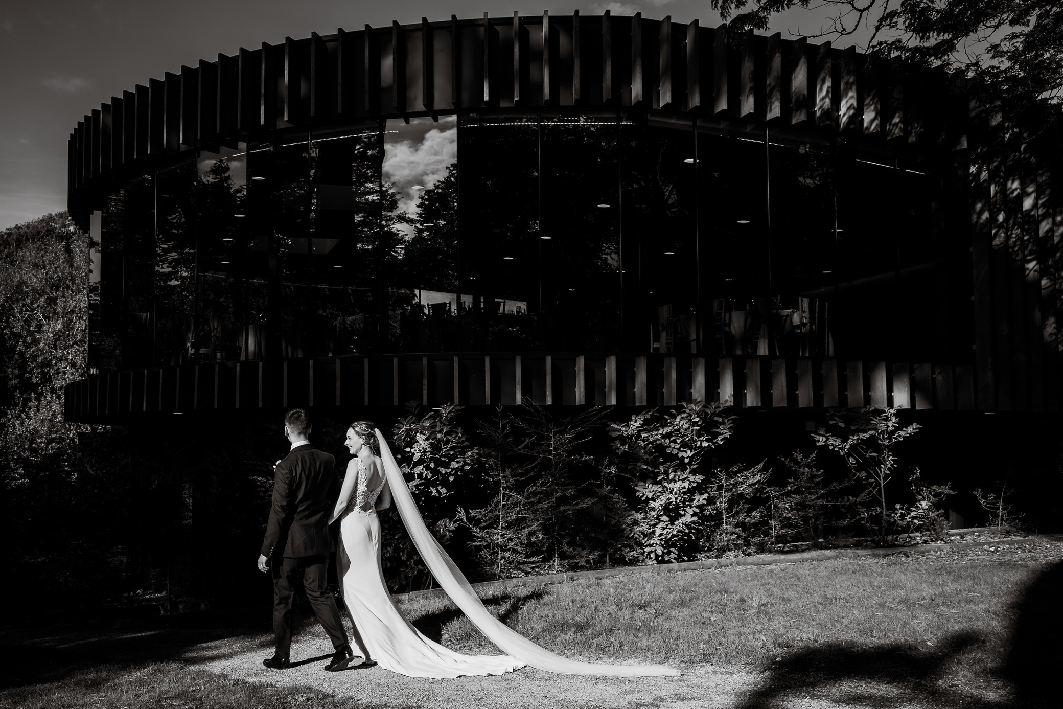 Fairyhill wedding photographer - Bride and Groom in front of K room